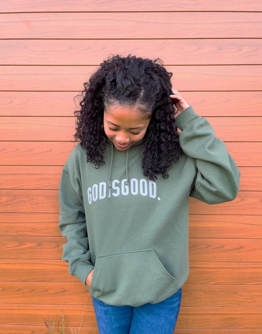 "GOD IS GOOD" ARCH HOODIE (MILITARY GREEN/WHITE)